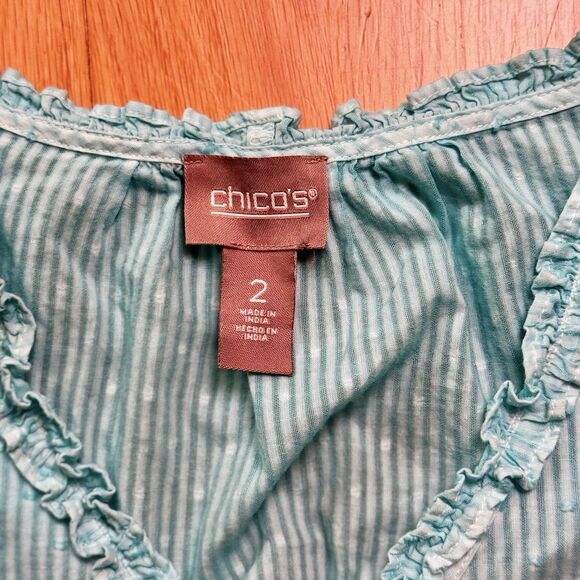 Chico’s Ombre Tunic Top White Aqua Sz 2 EUC Ruffle Resort Wear Coastal Cruise - Picture 5 of 16